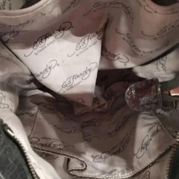 Ed Hardy Black & Silver Patent Leather Shoulder Bag Regualer Medium Size Bag - Picture 7 of 9